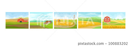 Country View with Sown Field, Barn House and Pasture Land as Green Landscape Vector Set 100883202