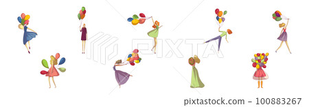 Young Woman Holding Bunch of Colorful Balloons and Flower Bouquet Vector Set 100883267