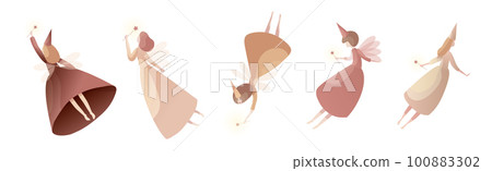 Tender Fairies in Neat Dresses Fluttering with Magic Wand Vector Set Tender Fairies in Neat Dresses Fluttering with Magic Wand Vector Set 100883302