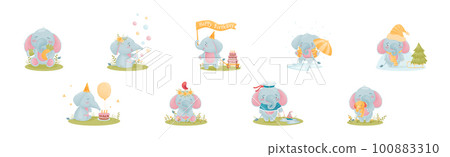 Cute Blue Elephant Character Engaged in Different Activity Vector Set Cute Blue Elephant Character Engaged in Different Activity Vector Set 100883310