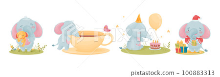 Cute Blue Elephant Character Engaged in Different Activity Vector Set Cute Blue Elephant Character Engaged in Different Activity Vector Set 100883313
