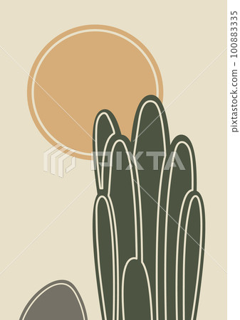 Abstract contemporary aesthetic illustration with cacti and sun. Earth tones, beige colors. Boho wall decor. Abstract contemporary aesthetic illustration with cacti and sun. Earth tones, beige colors. Boho wall decor. 100883335