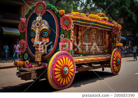 AI generated AI generated Traditional balinese wooden carriages decorated with flowers and garlands 100883390