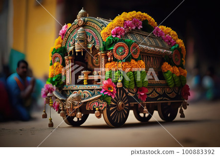 AI generated AI generated Traditional balinese wooden carriages decorated with flowers and garlands 100883392