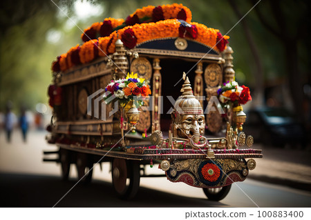 AI generated AI generated Traditional balinese wooden carriages decorated with flowers and garlands 100883400