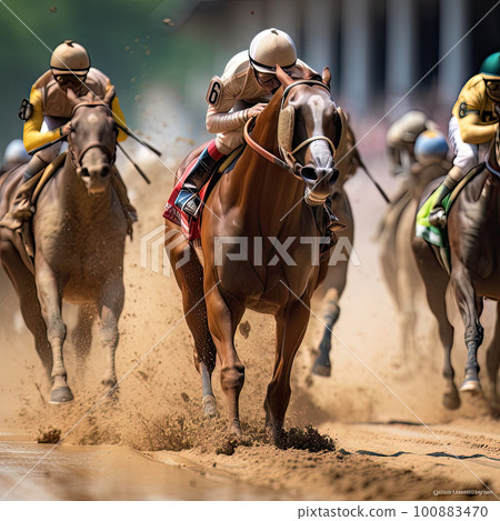 AI generated Jockey riding a horse on a racecourse AI generated Jockey riding a horse on a racecourse 100883470