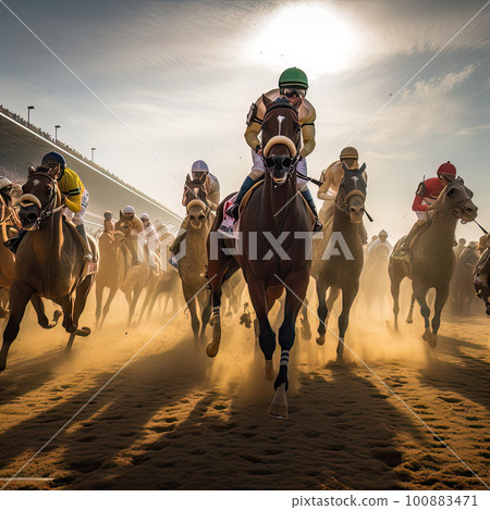 AI generated Jockey riding a horse on a racecourse AI generated Jockey riding a horse on a racecourse 100883471