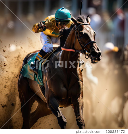 AI generated Jockey riding a horse on a racecourse AI generated Jockey riding a horse on a racecourse 100883472