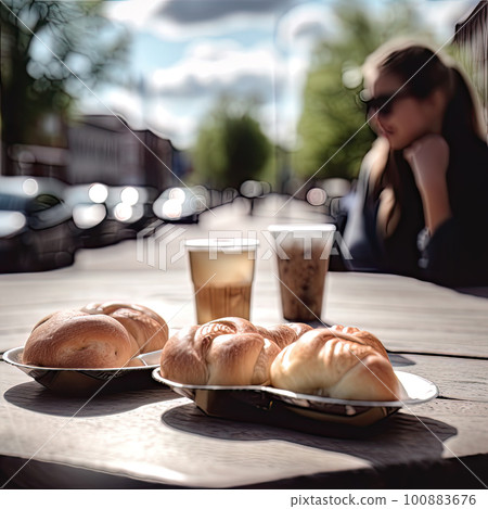 AI generated outdoor scene with blurred background, break during the day to chat with friends and family over a cup of coffee AI generated outdoor scene with blurred background, break during the day to chat with friends and family over a cup of coffee 100883676