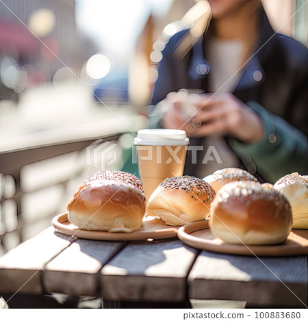 AI generated outdoor scene with blurred background, break during the day to chat with friends and family over a cup of coffee AI generated outdoor scene with blurred background, break during the day to chat with friends and family over a cup of coffee 100883680