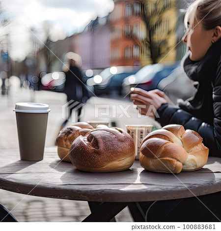AI generated outdoor scene with blurred background, break during the day to chat with friends and family over a cup of coffee 100883681