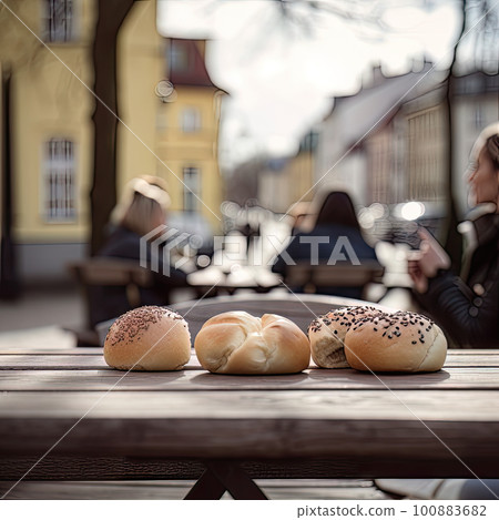 AI generated outdoor scene with blurred background, break during the day to chat with friends and family over a cup of coffee AI generated outdoor scene with blurred background, break during the day to chat with friends and family over a cup of coffee 100883682
