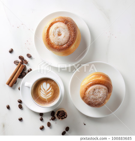 AI generated cups of coffee and buns with sugar and cinnamon 100883685