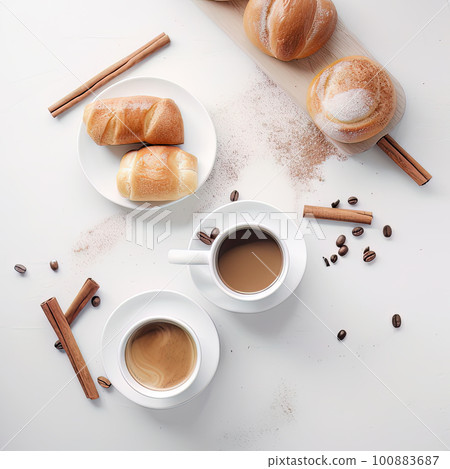 AI generated cups of coffee and buns with sugar and cinnamon 100883687