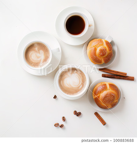 AI generated cups of coffee and buns with sugar and cinnamon 100883688