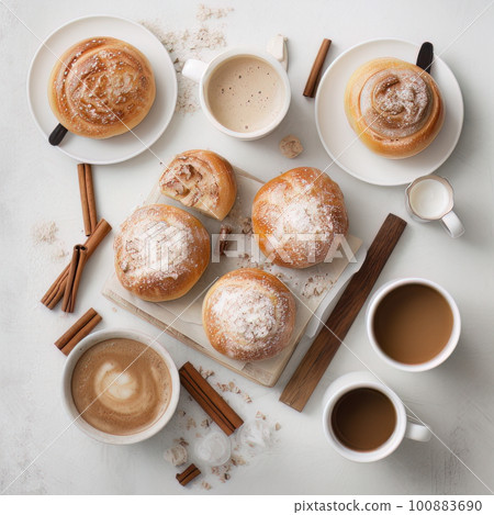 AI generated cups of coffee and buns with sugar and cinnamon AI generated cups of coffee and buns with sugar and cinnamon 100883690