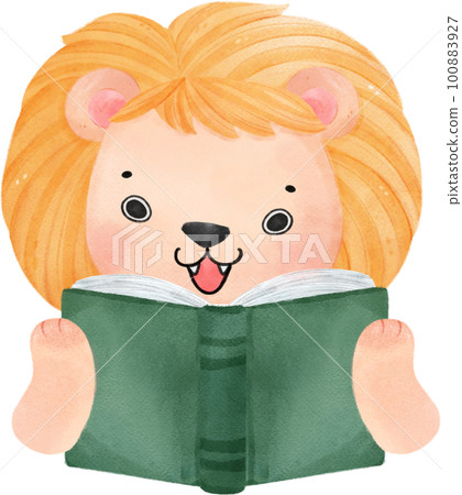cute watercolour baby lion animal kid reading book, back to school cartoon character illustration cute watercolour baby lion animal kid reading book, back to school cartoon character illustration 100883927