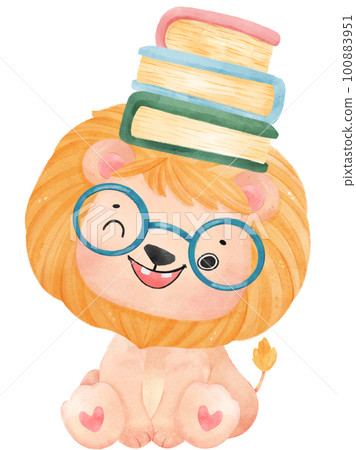 cute watercolour baby lion animal kid reading book, back to school cartoon character illustration cute watercolour baby lion animal kid reading book, back to school cartoon character illustration 100883951