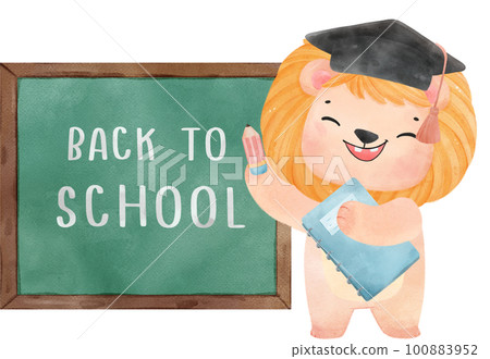 cute watercolour baby lion animal kid reading book, back to school cartoon character illustration 100883952