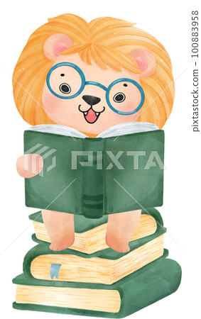 cute watercolour baby lion animal kid reading book, back to school cartoon character illustration 100883958
