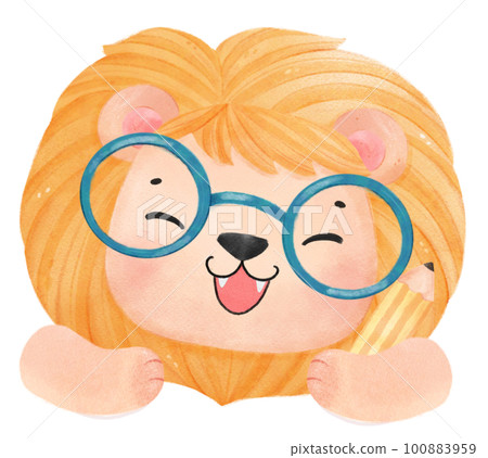 cute watercolour baby lion animal kid reading book, back to school cartoon character illustration 100883959
