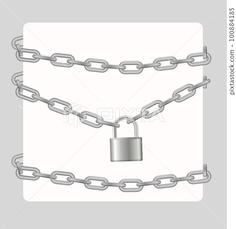 Padlock and chain. Gray metal chain and padlock, handcuffed card, vector Padlock and chain. Gray metal chain and padlock, handcuffed card, vector 100884185