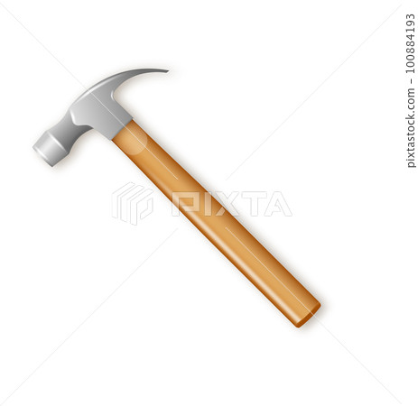 Hammer with a rubberized yellow handle. Hammer and nail puller, two in one. Vector industrial workers tool. Equipment for repair, contract and locksmith work. Vector 100884193