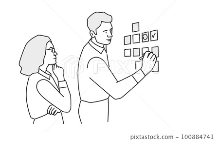 Man writes ideas on sticky note on wall. Woman thinking. 100884741