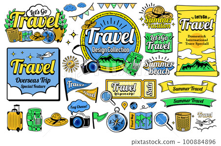 A set of title design frames and illustrations of American vintage style cool and fashionable summer travel / travel 100884896