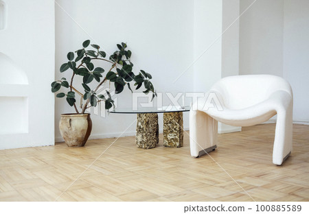 Minimalistic modern interior with white walls and light parquet. There are fluffy armchair, the designer table and a large earthenware pot. 100885589