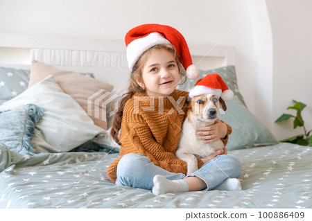 Happy woman with daughter in santa hat enjoying her cute dog jack russell. 100886409