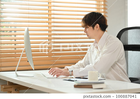 Elegant young businessman in white shirt looking at computer monitor, reviewing project in bright office interior 100887041