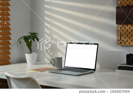 Laptop computer, coffee cup, books and potted plant on white table. Blank screen for text information or content 100887094