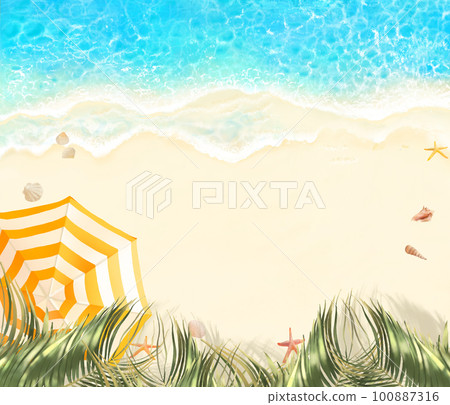 從夏季時尚框架背景材料上方看到的美麗海灘上的棕櫚葉和遮陽傘 100887316