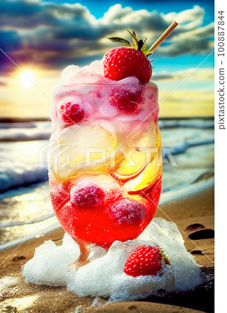 Berry lemonade with ice on the beach. Generative AI 100887844