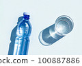 Bottled water. A bottle of mineral water and glass of water with hard shadows on blue background. Flat lay Top view 100887886