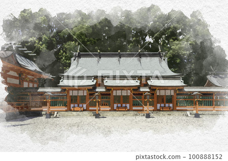 Watercolor-style Shingu, Kumano Hayatama Taisha Shrine, Kamisanden and Suzumon, Shingu City, Wakayama Prefecture Watercolor-style Shingu, Kumano Hayatama Taisha Shrine, Kamisanden and Suzumon, Shingu City, Wakayama Prefecture 100888152