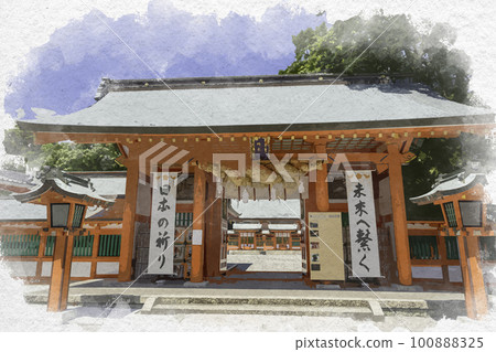 Watercolor-style Shingu, Kumano Hayatama Taisha Shinmon Gate, Shingu City, Wakayama Prefecture Watercolor-style Shingu, Kumano Hayatama Taisha Shinmon Gate, Shingu City, Wakayama Prefecture 100888325