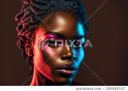 Fashion portrait beautiful black woman in neon studio lighting. Generative AI illustration Fashion portrait beautiful black woman in neon studio lighting. Generative AI illustration 100889107