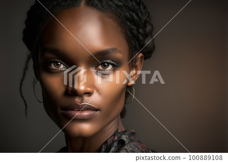 Fashion portrait beautiful black woman with natural makeup in dark studio lighting. Generative AI illustration Fashion portrait beautiful black woman with natural makeup in dark studio lighting. Generative AI illustration 100889108