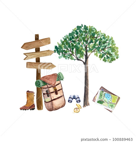 Travel composition campsite with signpost and backpack Travel composition campsite with signpost and backpack 100889463