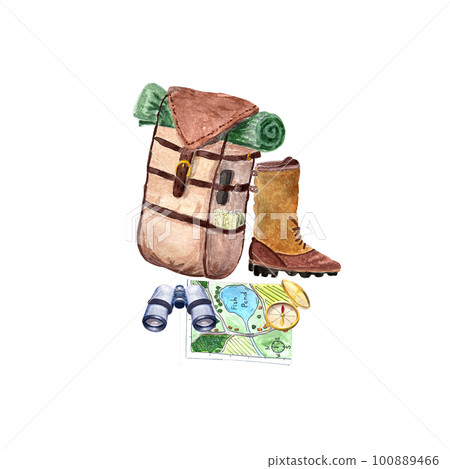 Watercolor travel composition with backpack and boots Watercolor travel composition with backpack and boots 100889466