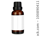 Amber medicine glass bottle isolated over white. Single brown bottle with drug. Medicine bottle of amber glass. Empty white label, mock-up. 100890411