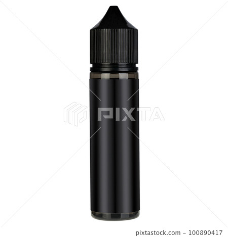 Vape black bottle with liquid mock-up. Electronic cigarette liquid flavour isolate on white. Vape black bottle with liquid mock-up. Electronic cigarette liquid flavour isolate on white. 100890417