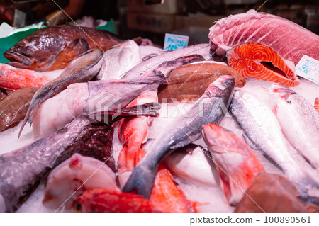 Fresh fishes in a market. Shopping in an Spain Seafood Store Fresh fishes in a market. Shopping in an Spain Seafood Store 100890561