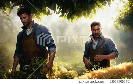 Two fandsome farmers in work clothes stands under a tree in his farm field and harvest ripe pasta . Beautiful afternoon sunny summer day.Harvest season in the countryside.Concept art Two fandsome farmers in work clothes stands under a tree in his farm field and harvest ripe pasta . Beautiful afternoon sunny summer day.Harvest season in the countryside.Concept art 100890672