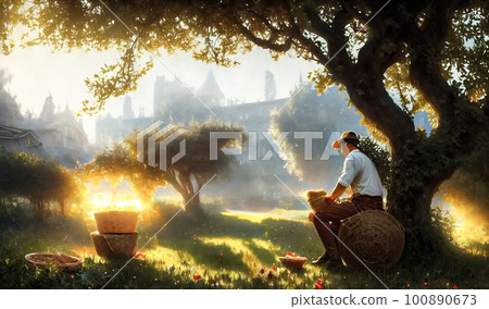 Male farmer in work clothes sits under a tree in his farm field and takin a break enjoying beautiful afternoon sunny summer day.Harvest season in the countryside.Concept art Male farmer in work clothes sits under a tree in his farm field and takin a break enjoying beautiful afternoon sunny summer day.Harvest season in the countryside.Concept art 100890673