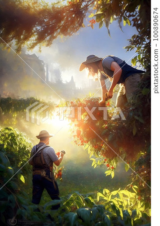 Two farmers in work clothes stands under a tree in his farm field and harvest ripe vegetables . Beautiful afternoon sunny summer day.Harvest season in the countryside.Concept art Two farmers in work clothes stands under a tree in his farm field and harvest ripe vegetables . Beautiful afternoon sunny summer day.Harvest season in the countryside.Concept art 100890674