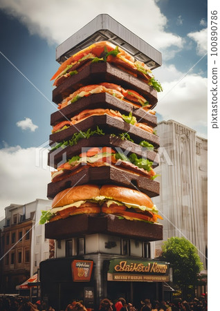 Sandwich Skyscraper. A building made in the form of a huge sandwich. Conceptual skyscraper. Architectural culinary abstraction. An advertisement for a bar or restaurant. Concept art Sandwich Skyscraper. A building made in the form of a huge sandwich. Conceptual skyscraper. Architectural culinary abstraction. An advertisement for a bar or restaurant. Concept art 100890786