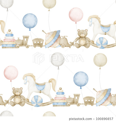 Seamless Pattern with Baby Toys in pastel colors on isolated background. Hand drawn watercolor illustration with rocking horse and teddy bear for childish textile design or wallpaper. Drawing for kid 100890857